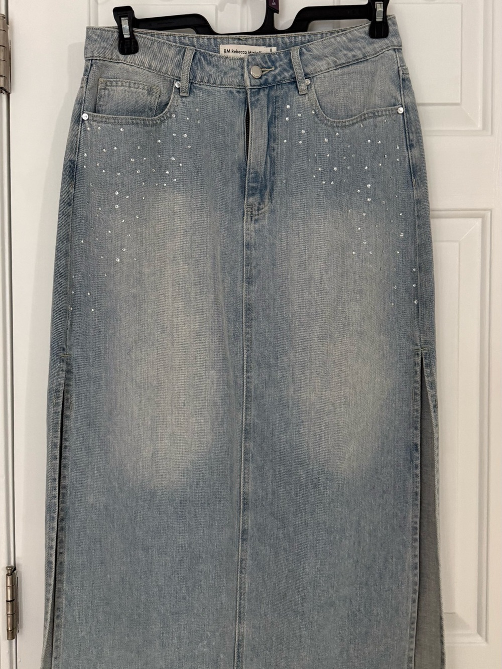 Rebecca Minkoff Light Blue Denim Maxi Skirt with Crystal Details